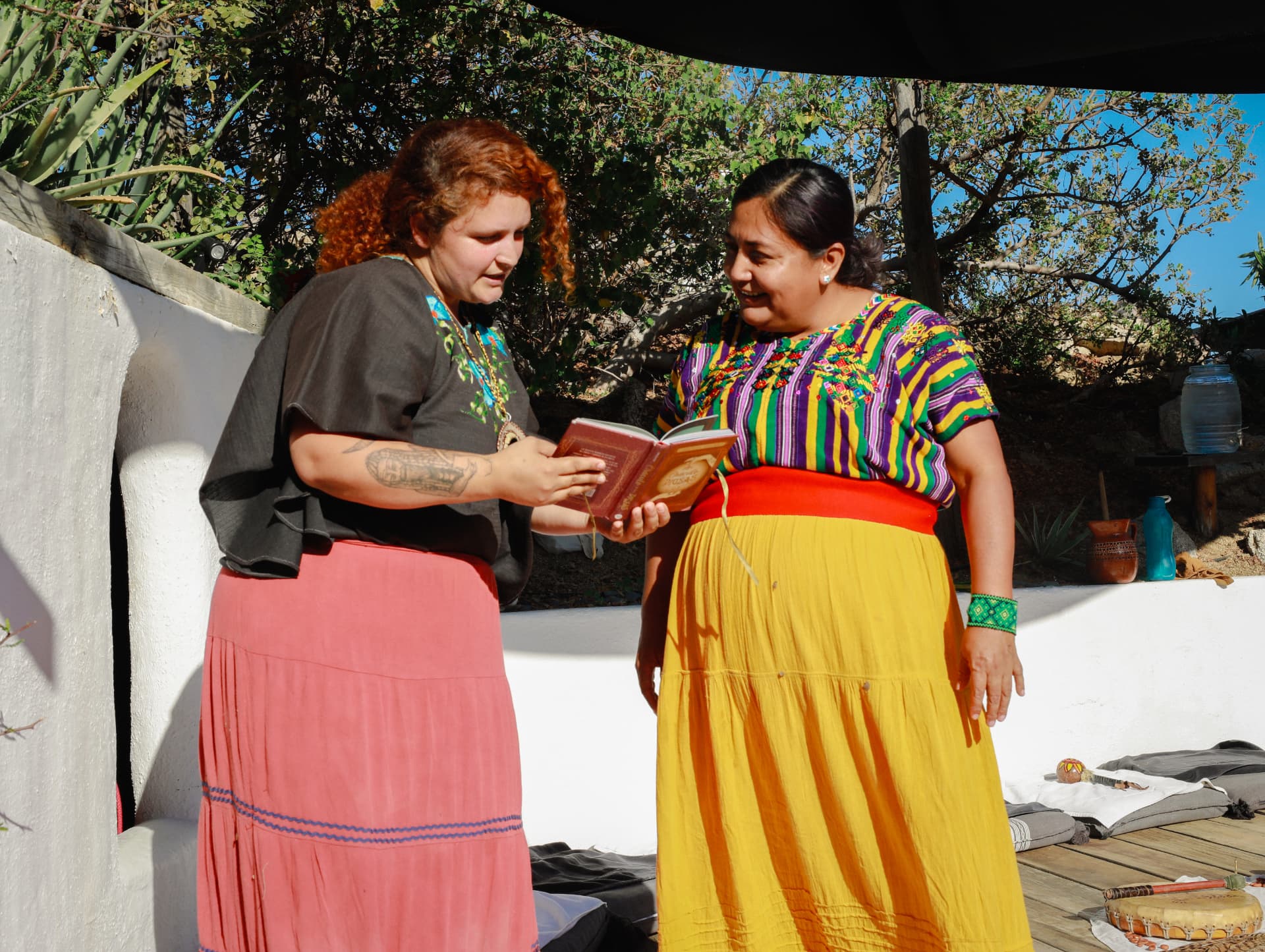 Two women reading together from a small book in bright sunlight
