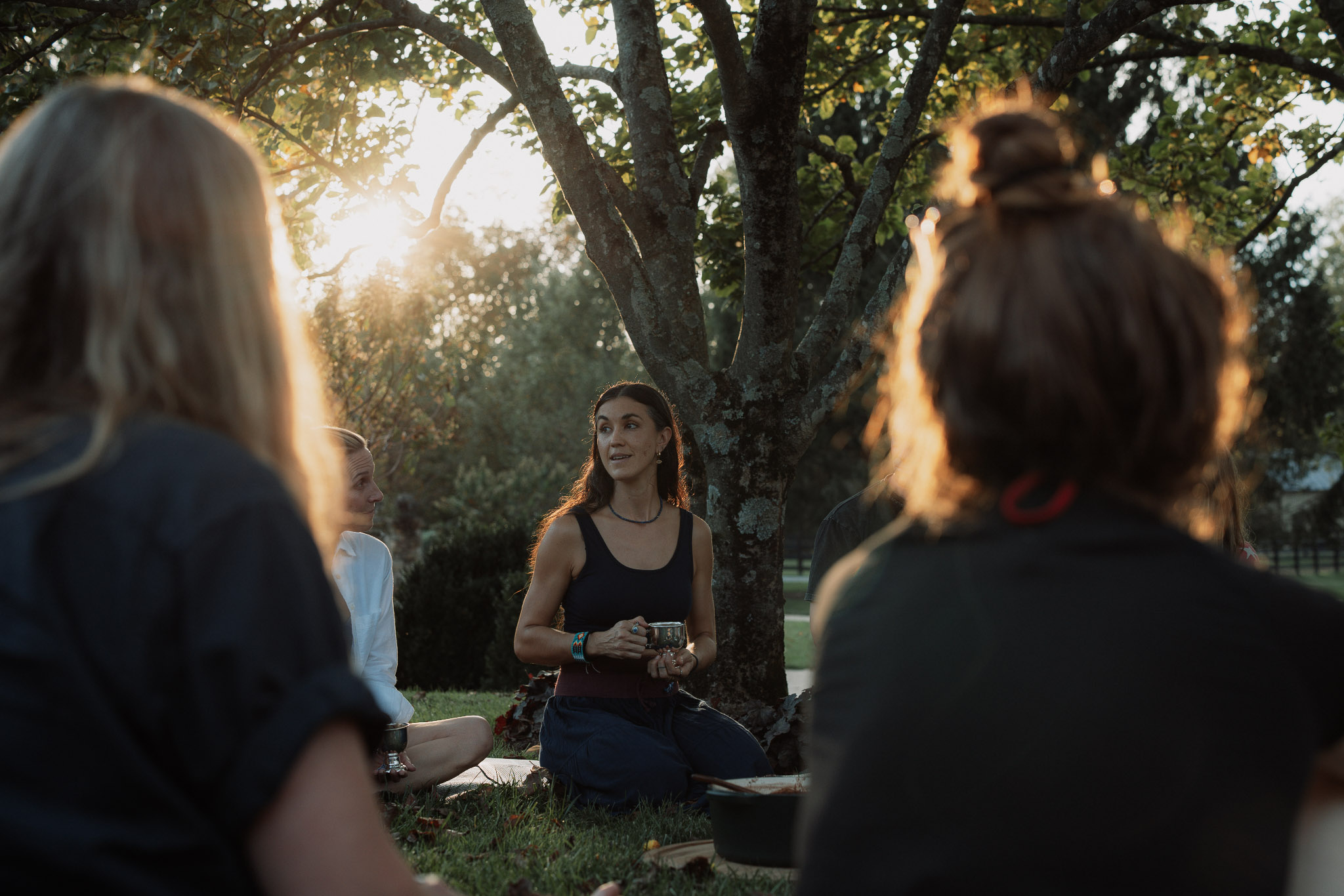 Women listening to one another beneath a tree in autumn sunlight