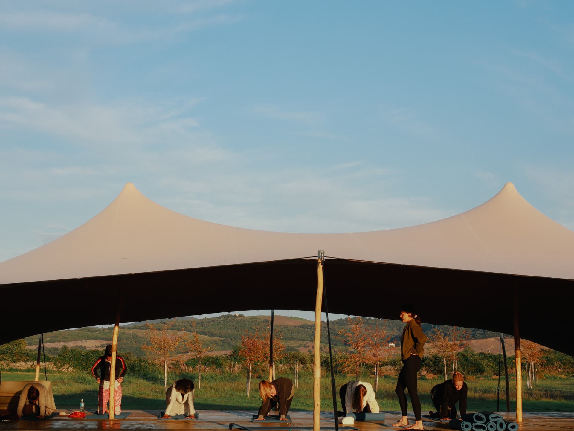 Women beneath a broad canvas canopy in warm evening light